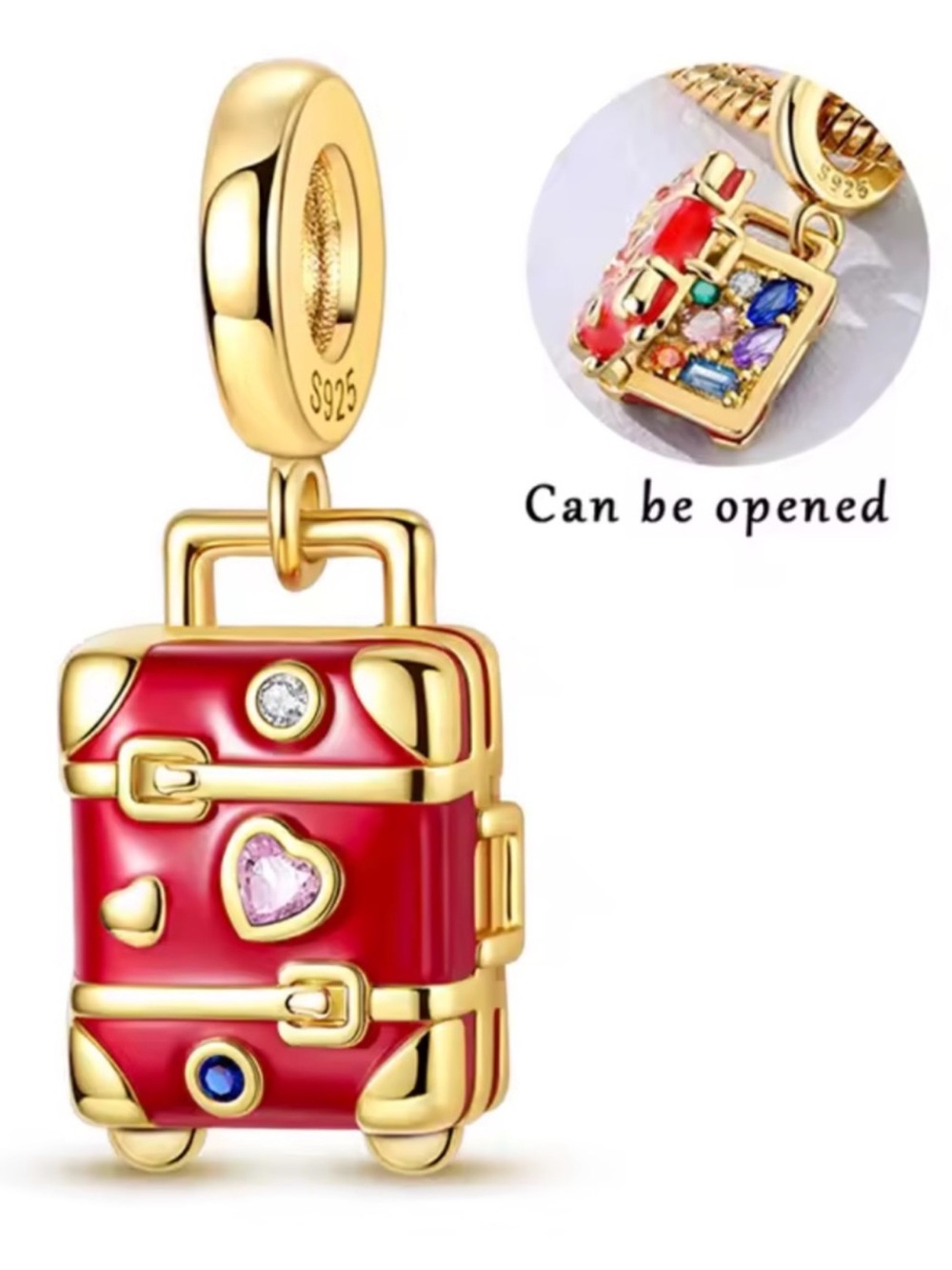 Pandora Gold-Tone Red Enamel Luggage Charm with Multicolor Stones